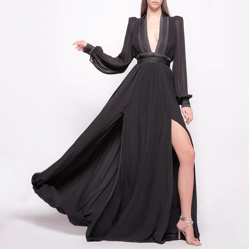 Tuxedo Dress 2022 autumn deep V-neck bubble sleeve high waist closed waist split dress