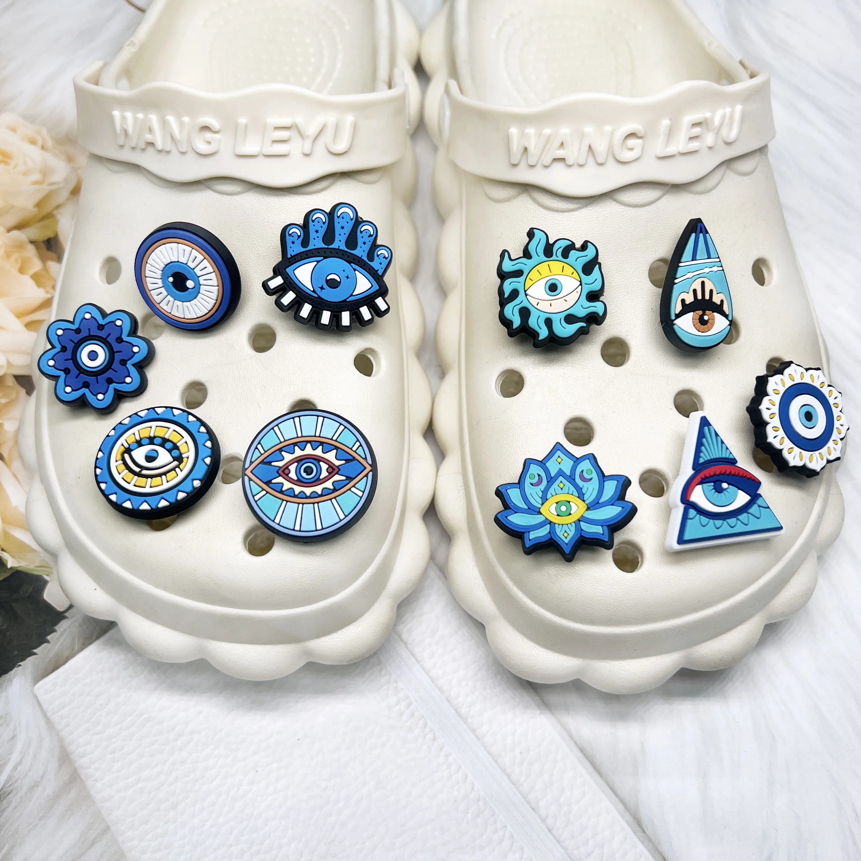 Wholesale shoe accessories decorations  soft pvc evil eye DIY shoe flower detachable rubber pvc  DIY shoes charms