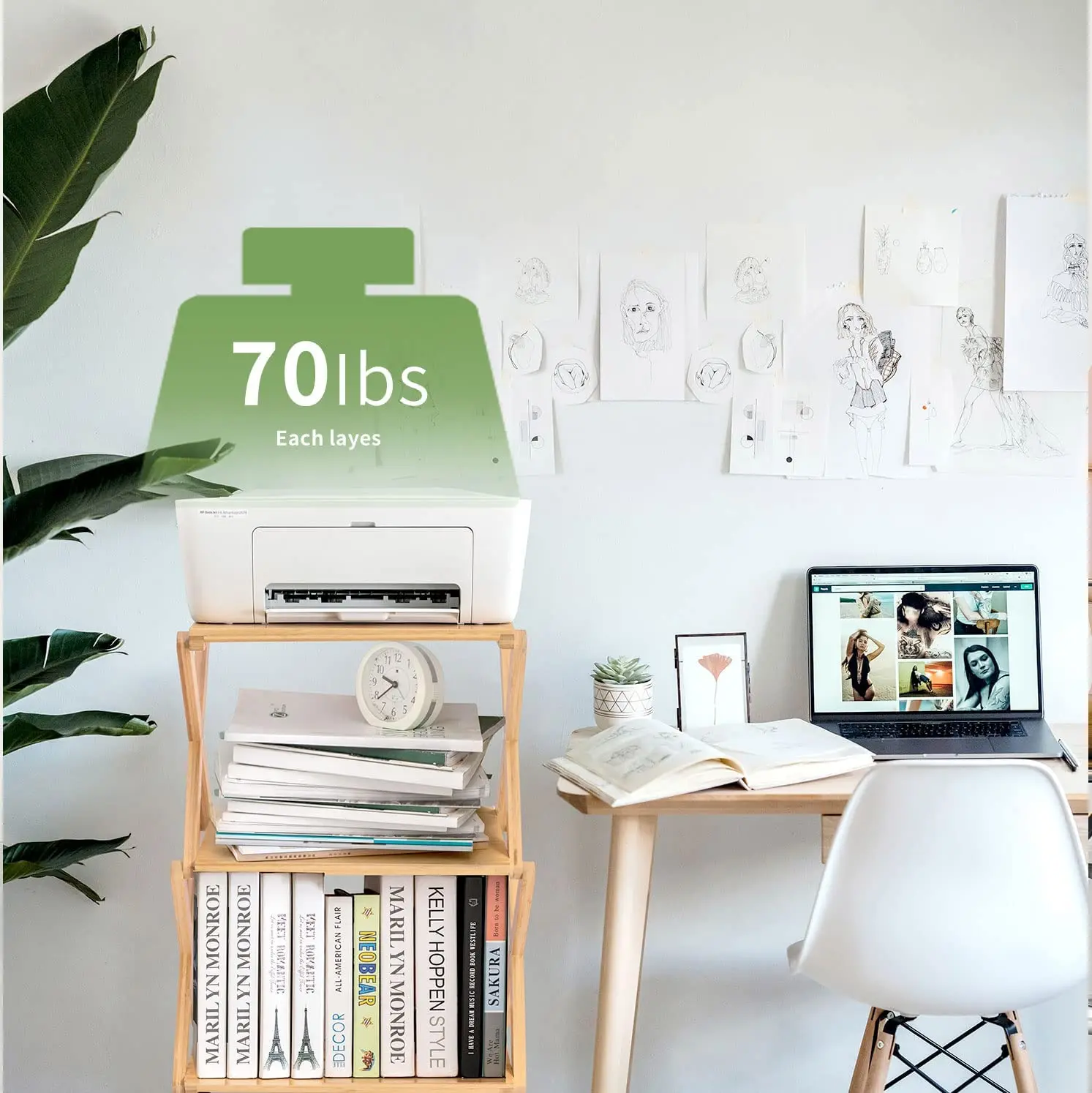 Custom 3-Tier Printer Cart Side Table with 4 wheels Bamboo Desk Organizer Anti-Skid Home Office Organization Under Desk Shelf