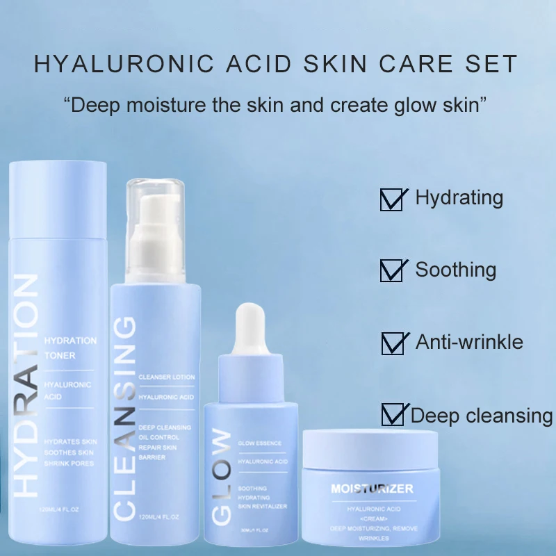 OEM 4 Pieces Korean Skincare Products Natural Hyaluronic Acid Brightening Moisturizing Private Label Korean Skin Care Set