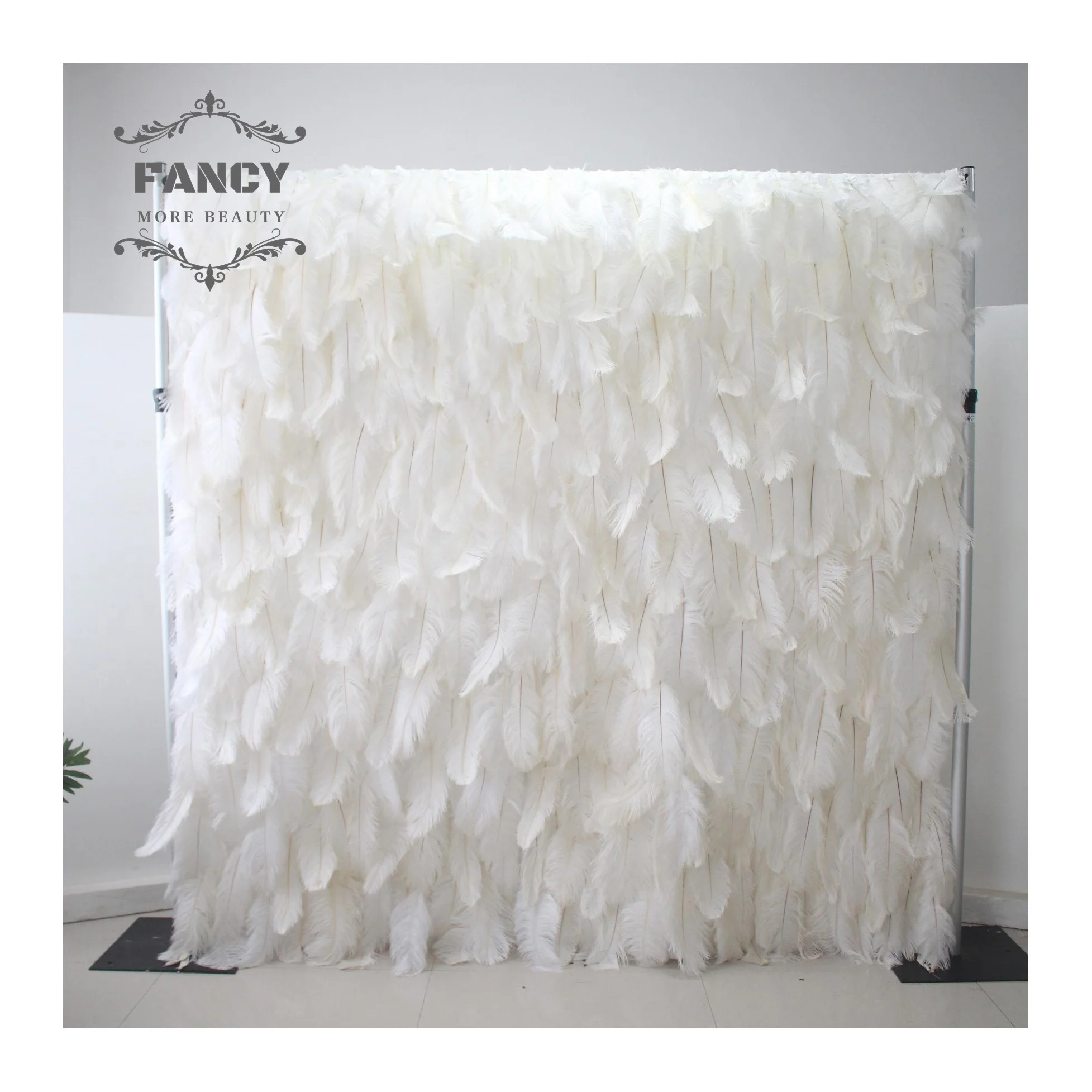 Wedding stage back drop decorative white pink gold black artificial feather wall roll-up feather backdrop