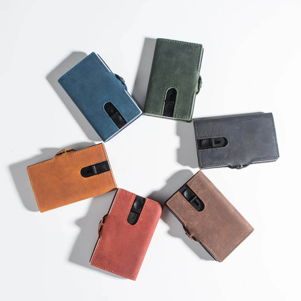 2021 New Genuine Leather Wallets for Men Slim Aluminum Pop Up Card Holder Man Real Leather wallet