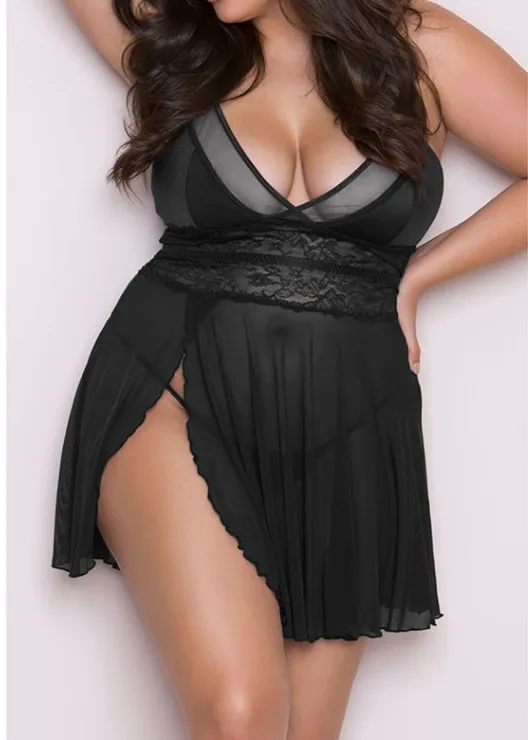 New plus-size erotic lingerie sexy sheer mesh split slip dress comfortable breathable lingerie