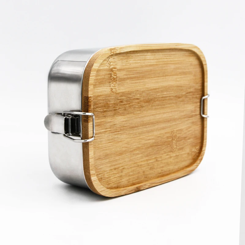 High Quality 304 Metal Storage Box  Bento  Box Stainless Steel Lunch Box With Natural Bamboo Lid