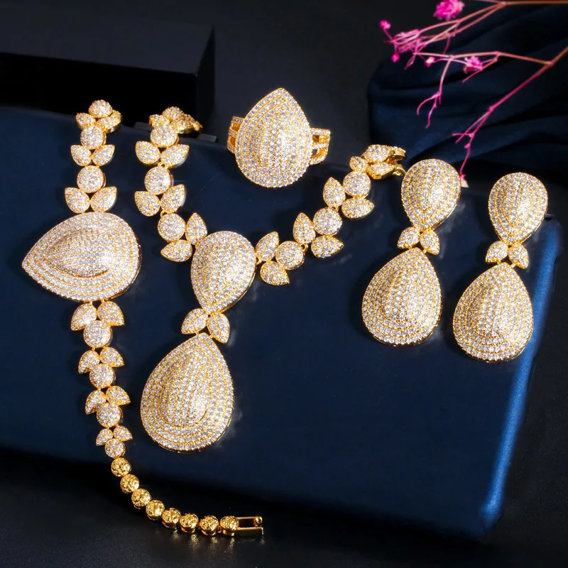 Newest Deluxe 18k gold plated  AAA zircon indian bridal jewelry set