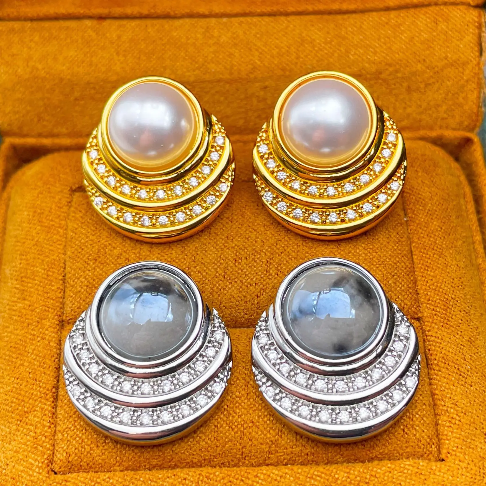 Retro pearl earrings, niche micro inlay with zircon ceramic silver needle earrings, high-end feeling earrings for women