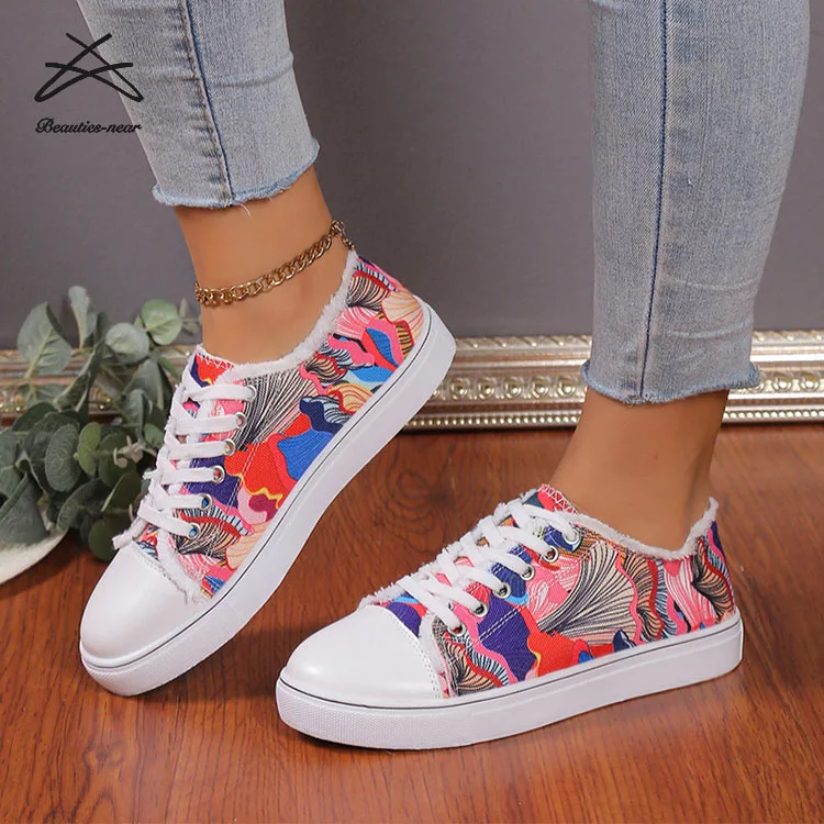 Womens Fashion Girls Flower Printed Canvas Shoes Students Ladies Casual Sneakers Summer Lace Up Skateboard Trendy Rubbers Shoes