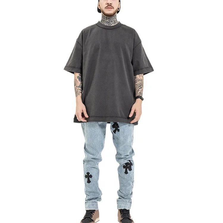 Custom Cut And Sew T Shirt 100% Cotton Graphic Printing Heavyweight Bleach Acid Washed Vintage Plus Size Men Oversize Tshirt