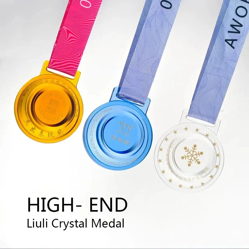 Jadevertu Personalized UV Printing Crystal Glass Medals Custom Sports Souvenir Medal With Ribbon