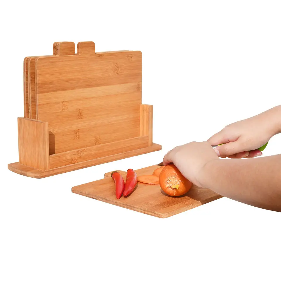 5 In 1 Bamboo Cutting Chopping Board Set With Stand Acacia Wood Food Sign Labels Meat Fish Bread Vegetable