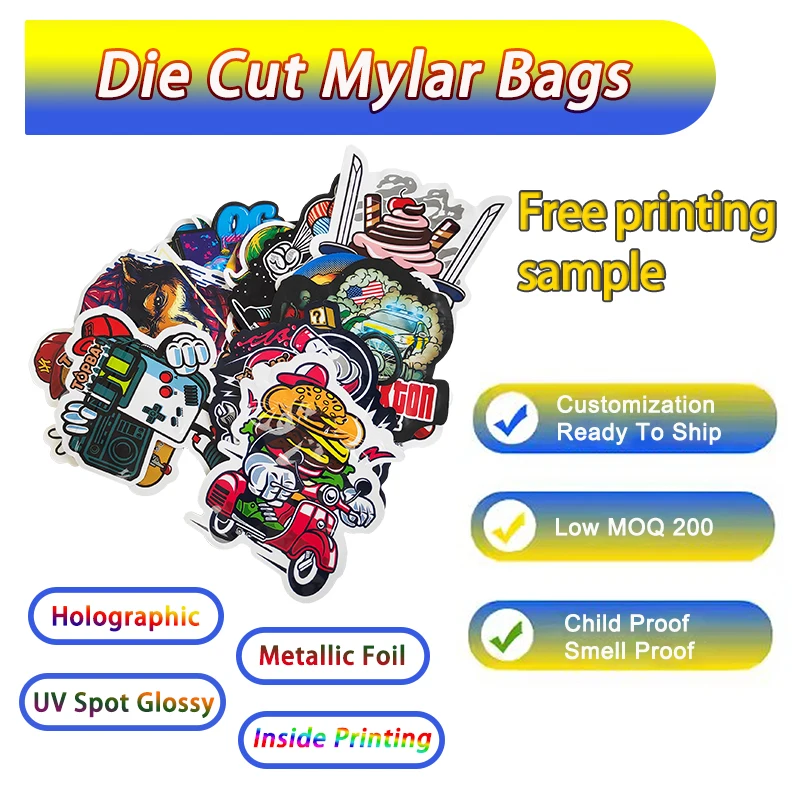 Custom Irregular Special Shaped Zip Plastic Cartoon 1g Foil Food Grade Smell Proof Die Cut Packaging Mylar Bag