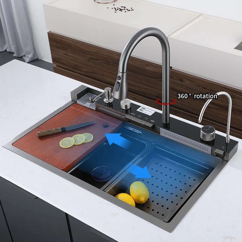 Tiktok New Trend One Piece 2 Waterfall Faucet Smart Stainless Steel Single Slot Bionic Honeycomb Black Kitchen Sink