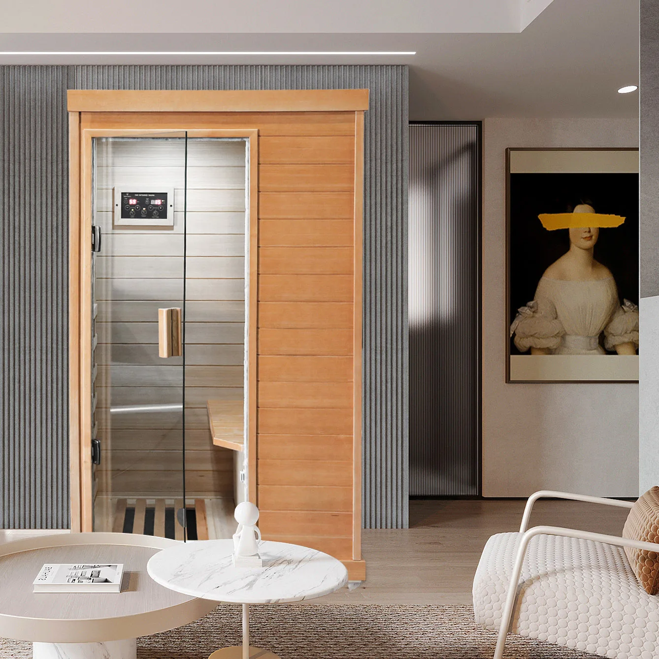 Mini Sauna Single spruce far infrared sauna room Power: 800 watts Number of heating plates: 5 Maximum 60 degrees Celsius  sauna