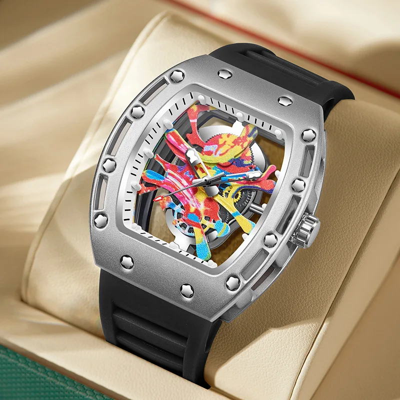Sports Watch for Men Colored Hip Hop Dial Silicone Strap Stainless Steel Case Fashion Quartz Wristwatch Waterproof 3bar