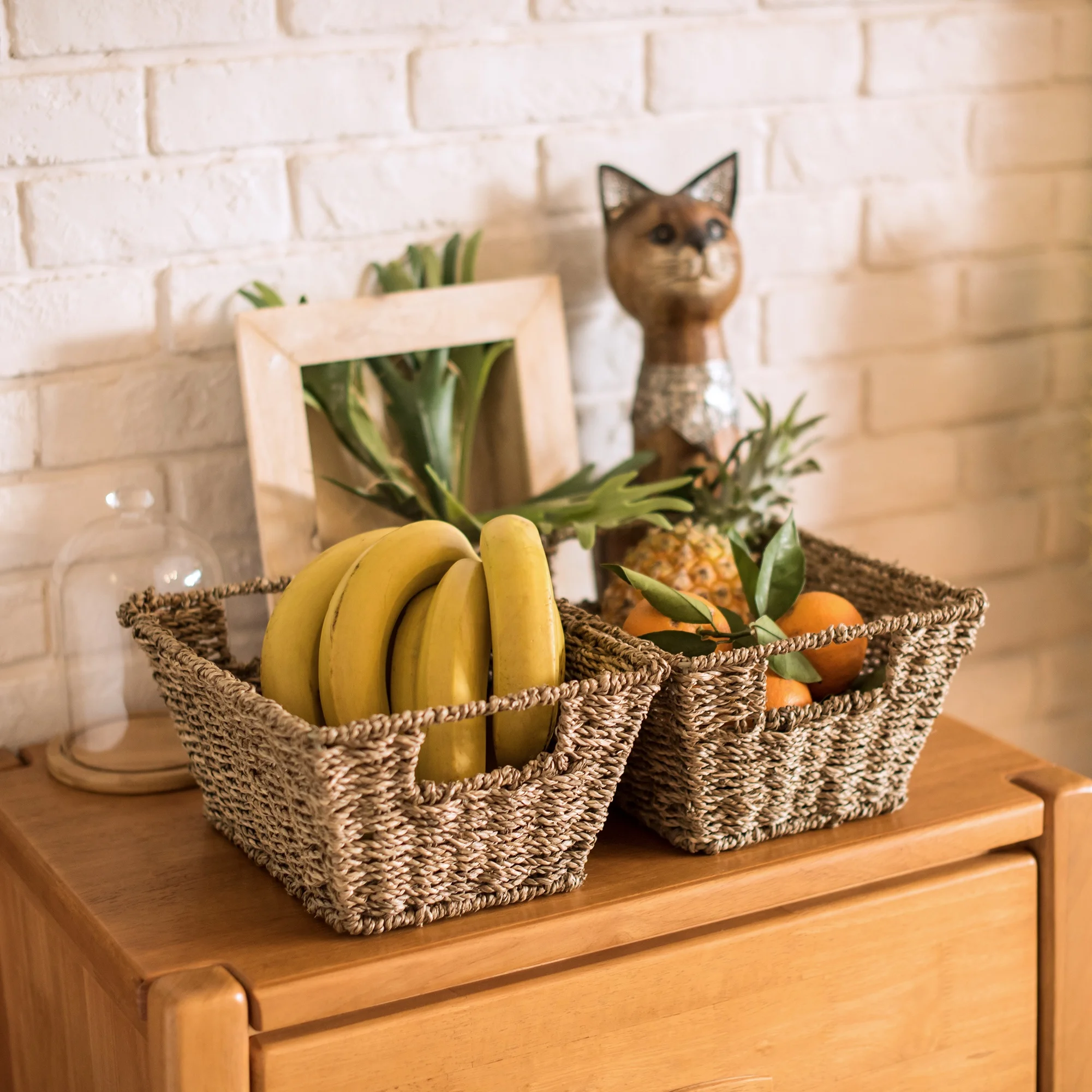 EISHO Handmade Natural Material Woven-Seagrass Fruit Storage Basket Kitchen Wicker Basket Storage