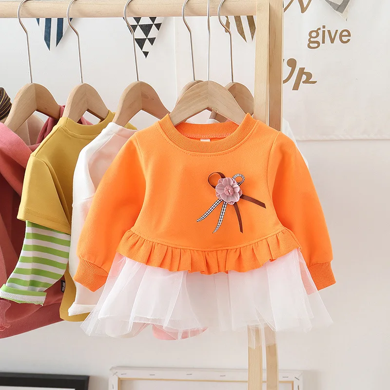 Hao Baby Girls 2022 Spring New 1-3 Year Old Baby Long Sleeve Toddler Stitching Net Yarn Infant Princess Skirt