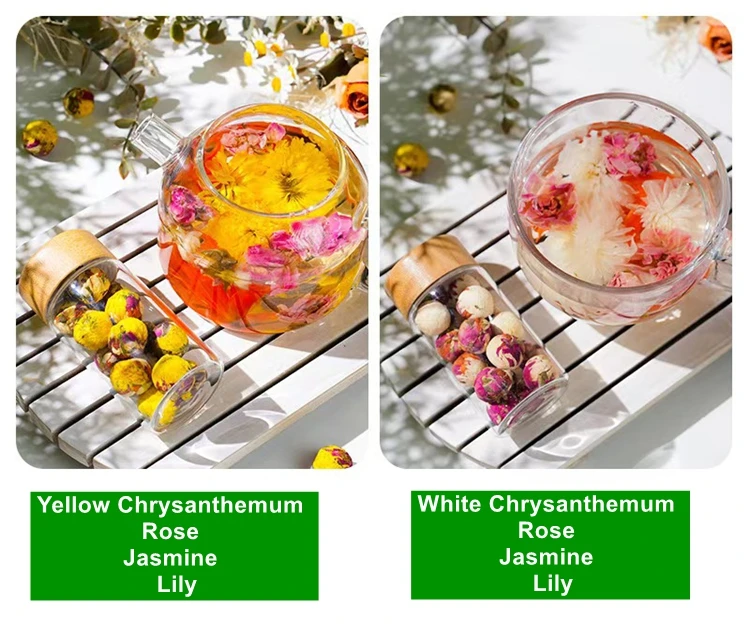 OEM Private logo 2g flower tea handmade gift glass bottle package dried mixed rose jasmine flowers lily blooming ball tea