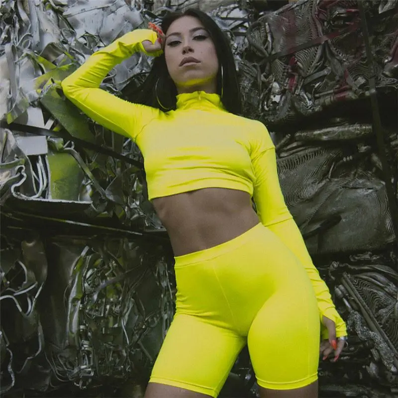 Two Piece Set Fluorescent Green Top Shorts Suit Sexy Turtleneck Long Sleeve Bodycon Sport Suit Casual Femmal Tracksuit