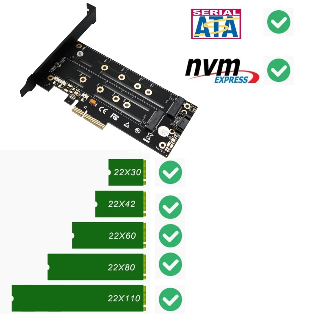 Dual Connector M.2 for NGFF SSD for NVME M Key + B Key to PCI Express 3.0 4X PCIE M2 SATA Riser Card w/ Bracket w LED