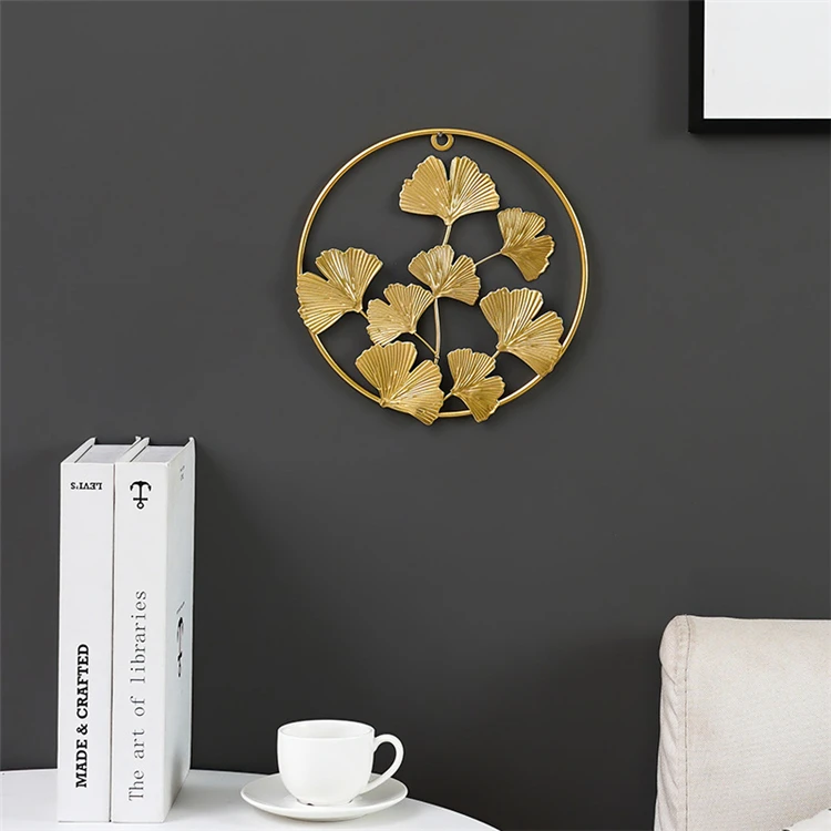 Nordic creative golden ginkgo leaf living room wall hanging free perforated wall pendant decoration