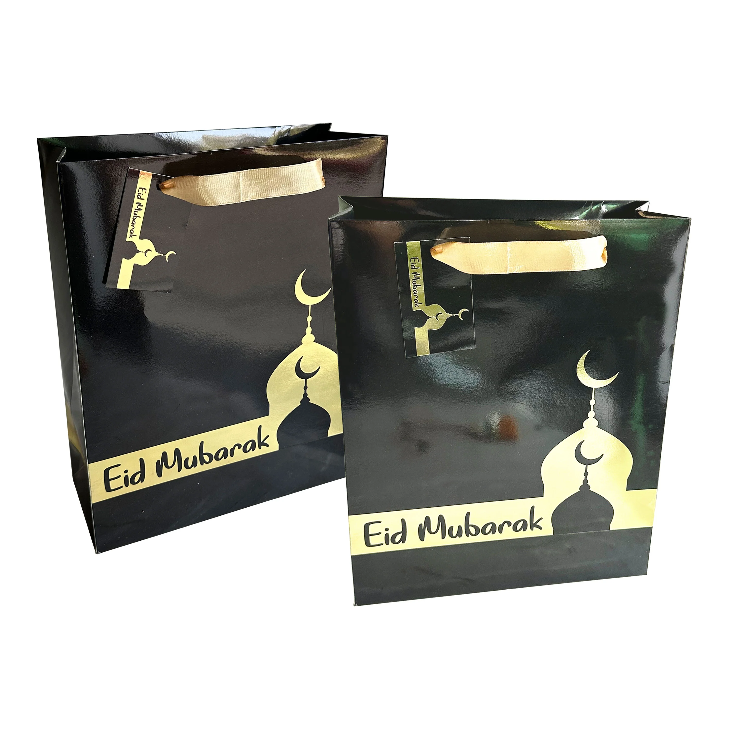Luxury Muslim Eid Bags With Handles Gold Foiled Mosque Eid Mubarak Paper Bag Black Eid Party Favour Bags