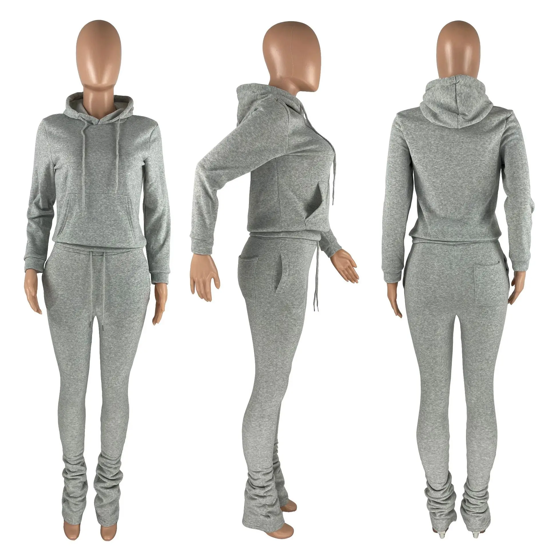 Autumn Winter Two Piece Outfits Solid Women Hoodie Set Casual Stacked Joggers Set Women Track Suits Two Piece Sets