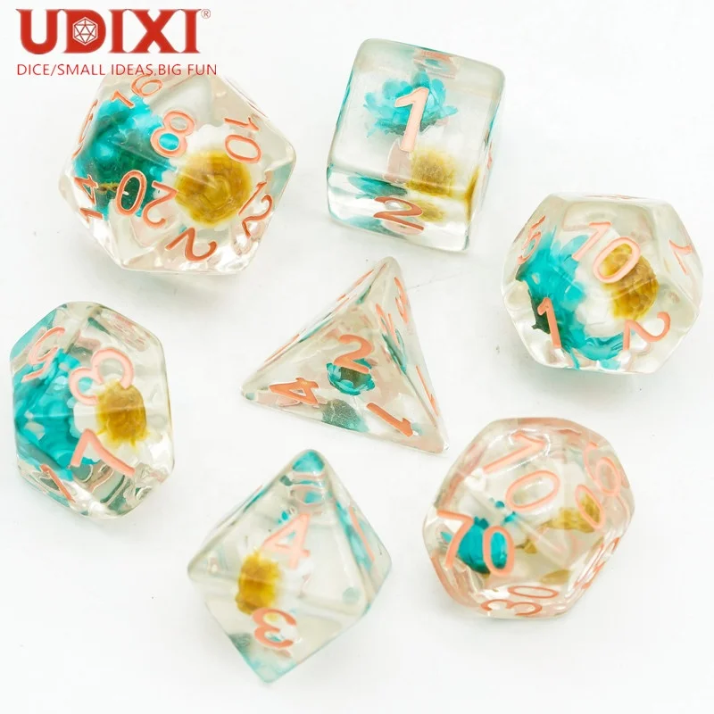 Udixi Polyhedral Dungeons and Dragons Resin Dice for Board or Card Games 7 PCS Flower Dice Set