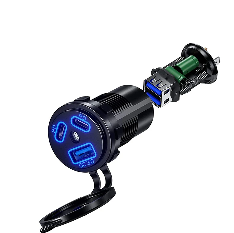 3 Ports On Off Button Switch Car Charger Socket Dual Type USB C Port QC 3.0 USB Car Charger For CAR