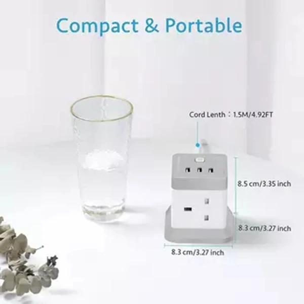 Cube Extension Lead with USB 4 Way Power Strip with 3 USB Ports (5V/2.4A) UK Power Socket with Switch 1.5M Extension Cords