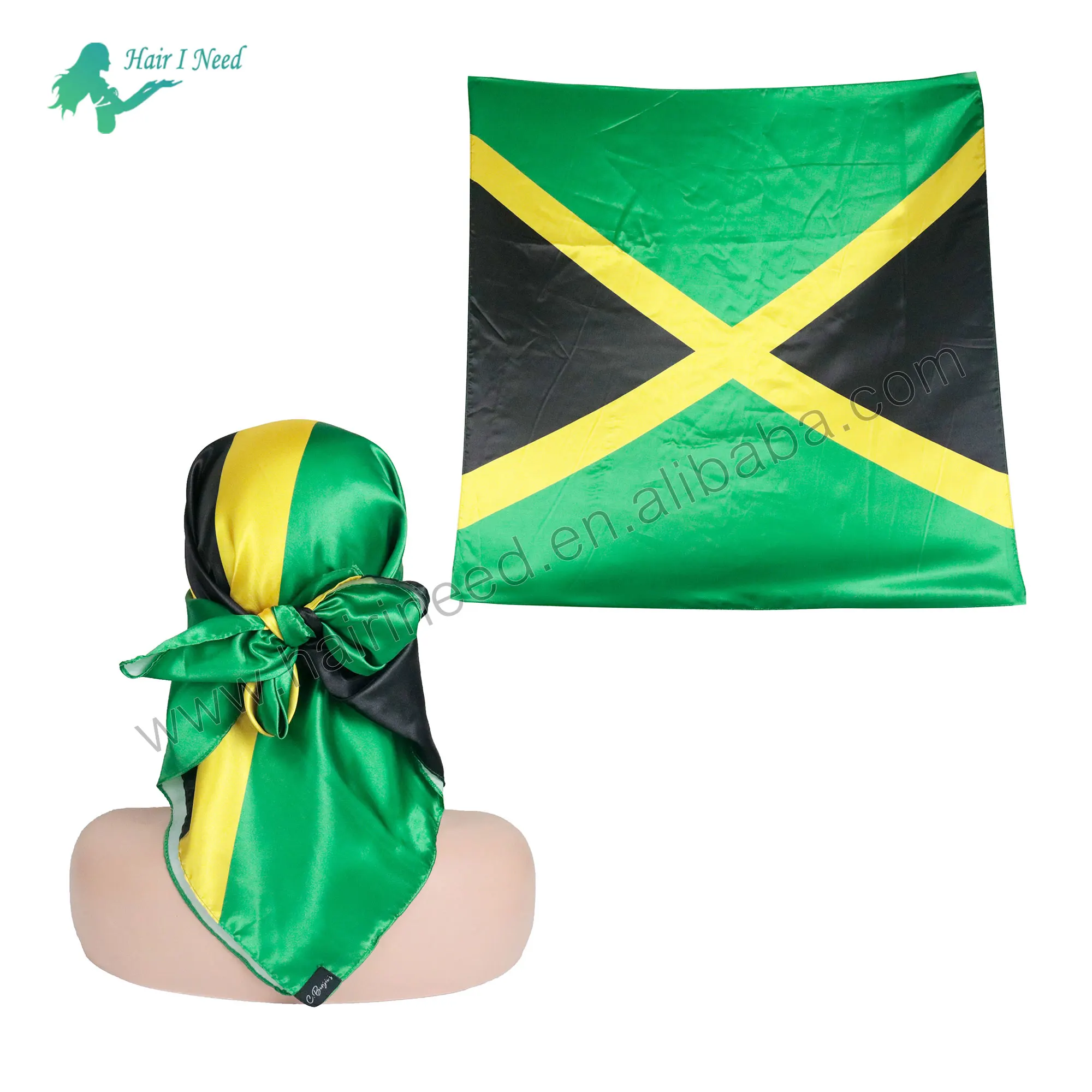 Custom Square Satin Jamaica Flag Scarf Silk Satin Logo Printed Women Bandana Headband Edge Wrasps Scarves Scarf With Logo