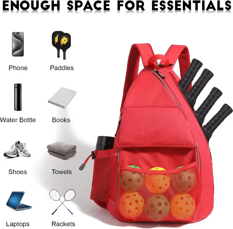 Large Capacity Sports Bag for 4 Paddles Multi-Functional Cross-body Sports Backpack With Fence Hook Pickleball Sport Bag