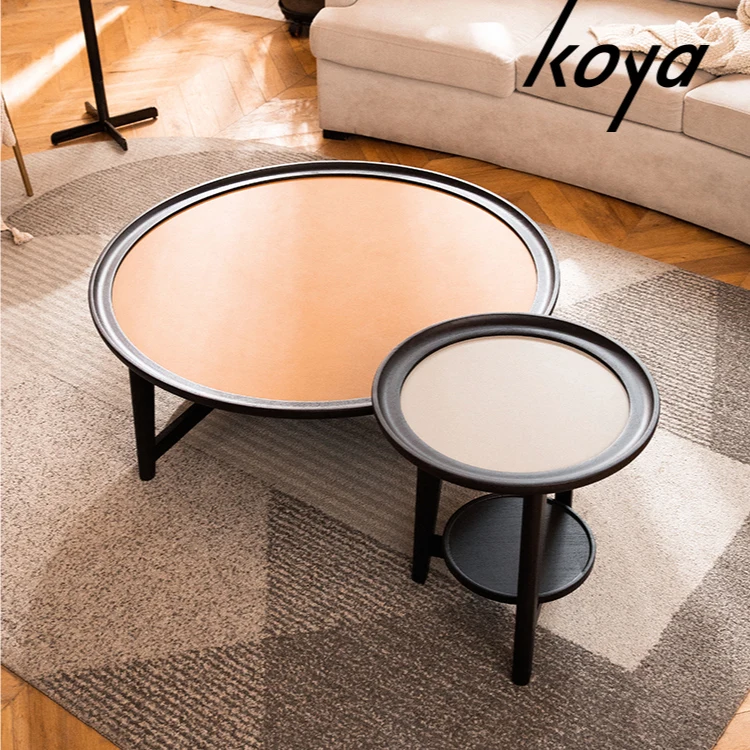 Modern Luxury Nordic Design Living Room Leather Top Wooden Round Center Table Coffee Table