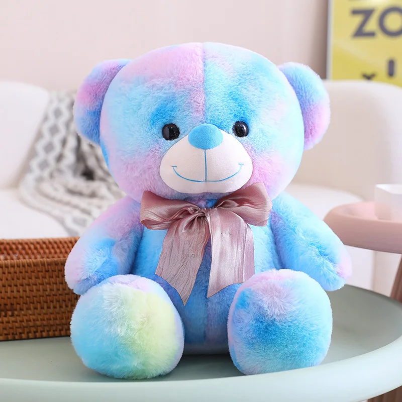 Tie-dyed Teddy Bear Wearing Bows Plush Toy Beautiful Advanced Colors Doll Cute Comfortable Kids Birthday Gifts