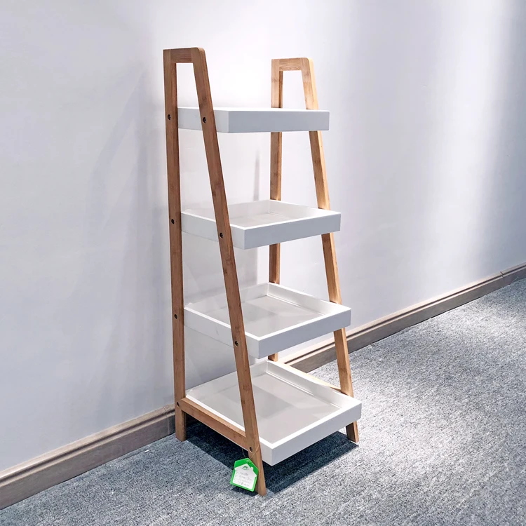 
Bathroom ladder shelf, modern wholesale wooden storage rack 4-tier corner shelf 