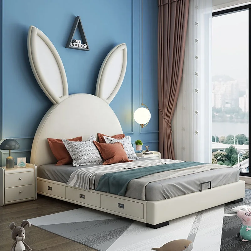 Airland Modern Kids Bedroom Furnitures Children Upholstered Beds Home Rabbit Genuine Leather Soft Backrest Storage Wooden Bed