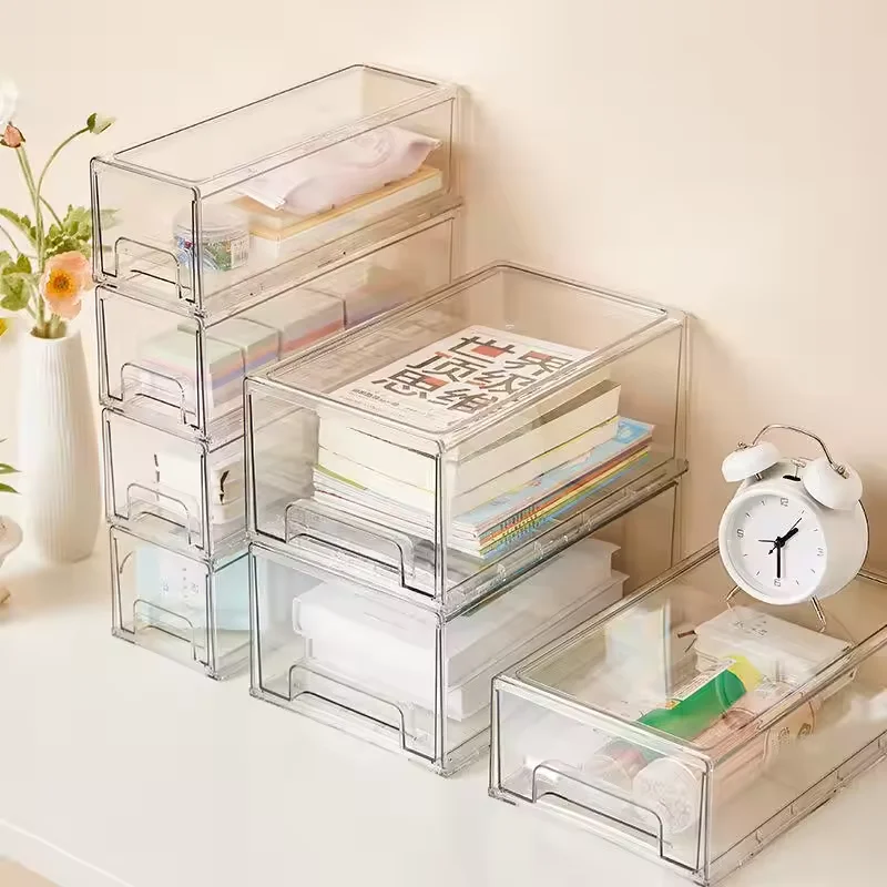 Large capacity transparent drawer storage box acrylic rectangular storage container for office stationery books storage