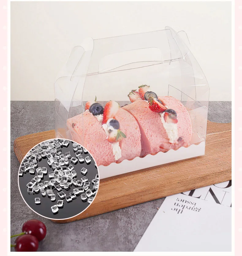 OEM 3in Height Elegant Long Full clear Lid Packaging Boxes Transparent Dessert swiss Roll Cake Pastry Box with Handle