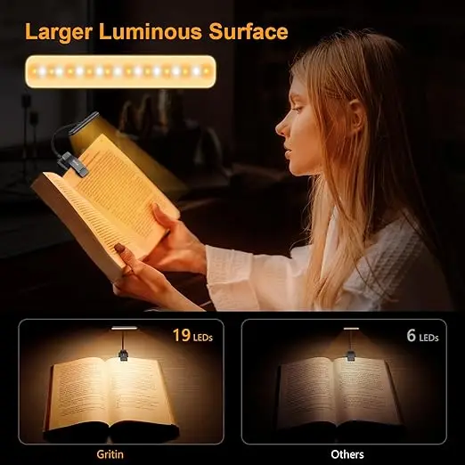 Rechargeable Book Light for Reading in Bed Memory Function Stepless Dimming Brightness