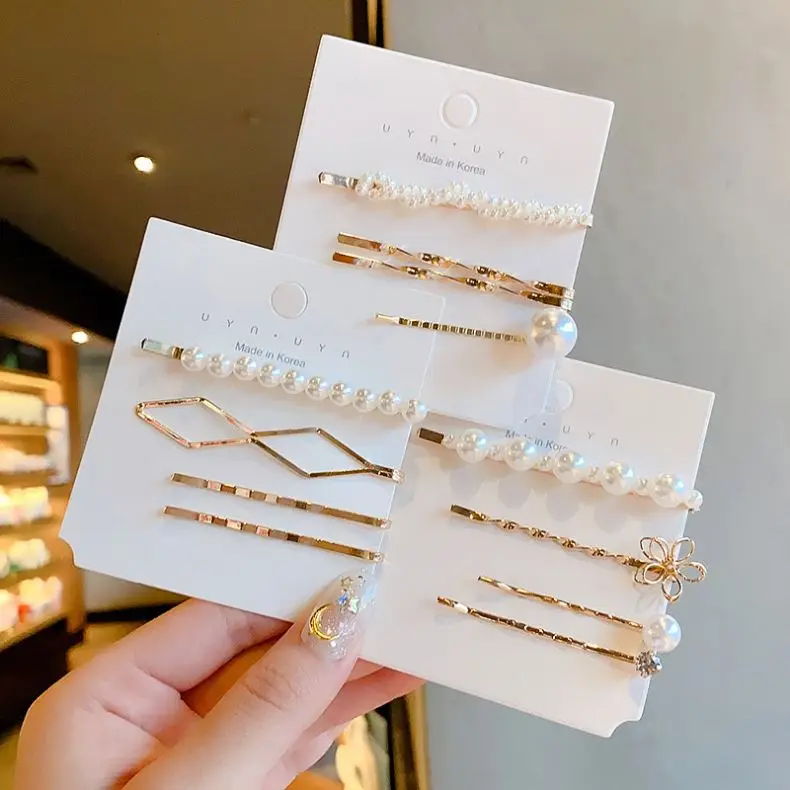Fashion Korean Alloy Simple Glitter Pearl Bangs Clip Females Tailored Hair Accessories Gold Sets