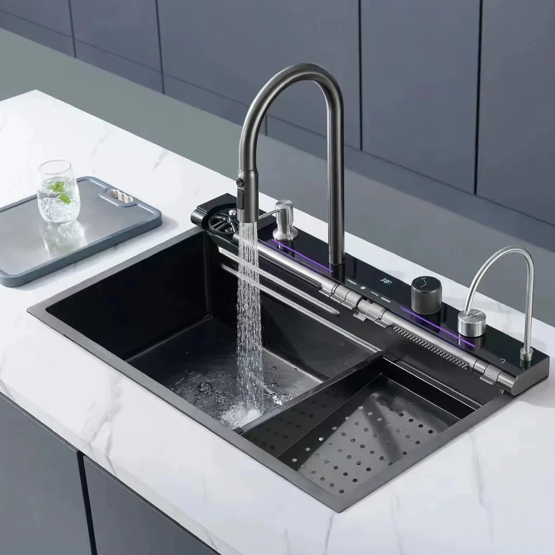 2024 New trend Tiktok smart kitchen sink with waterfall digital piano key stainless steel multi-functional black kitchen sinks