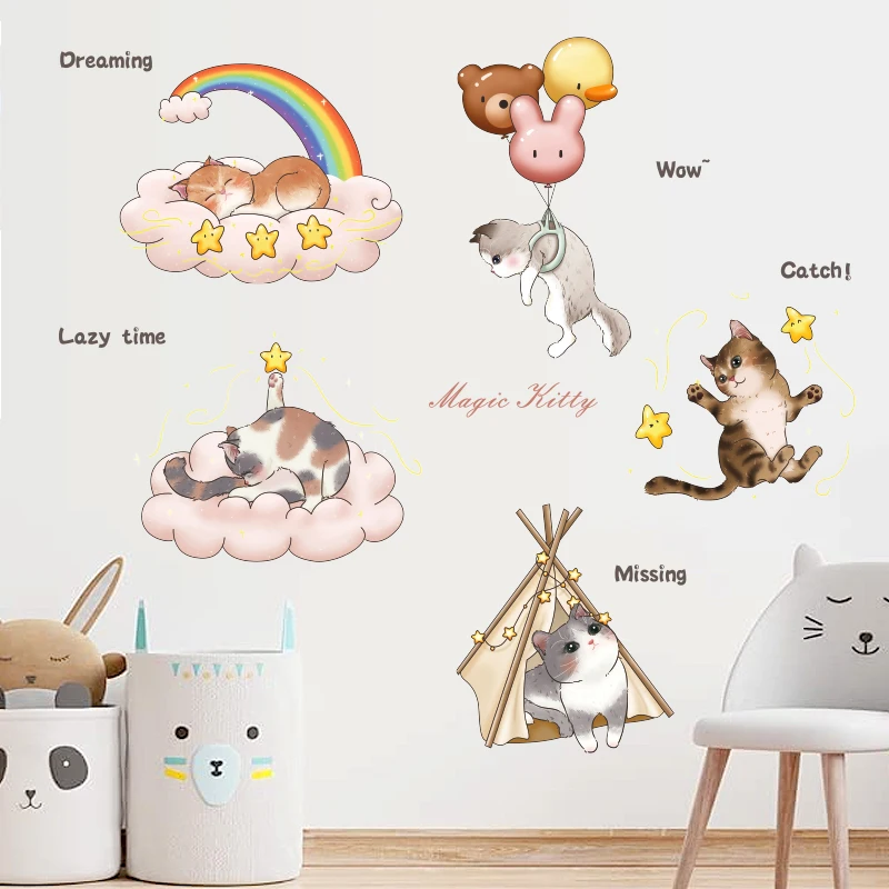 Cartoon magic kitty cute cat sticker Kids room rainbow wallpaper for baby room decoration
