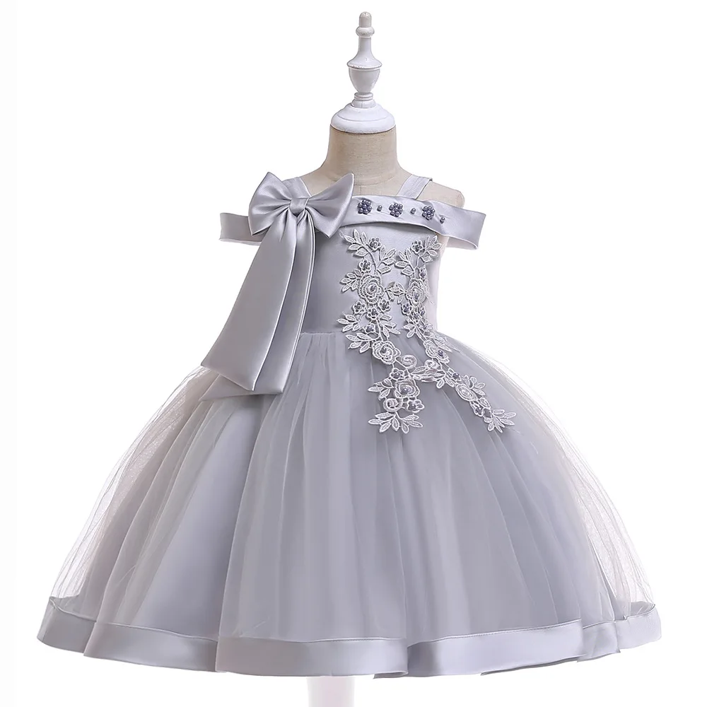 FSMKTZ Wholesale Satin Baby Dresses New Style Floral Pattern Wedding Dress for Girls O-Neck Long Style Shoulder Bow Spring L5081