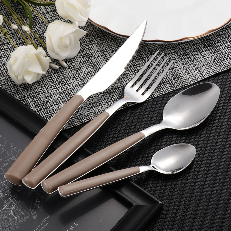 New design mirror polish 18/0 stainless steel hotel restaurant plastic handle 24pcs cutlery set