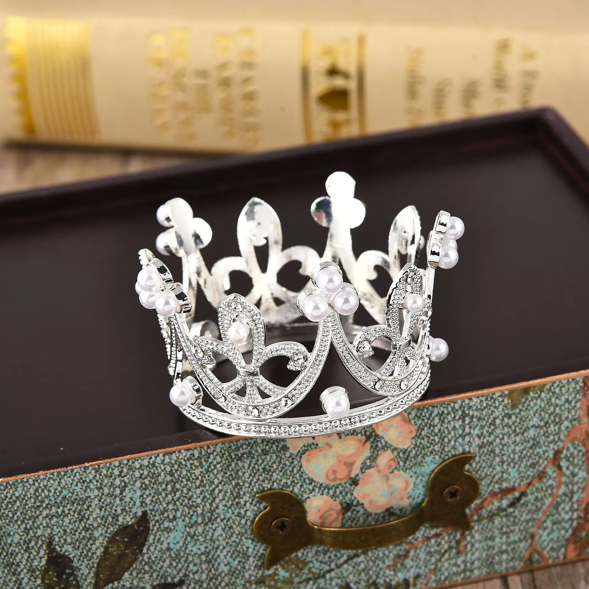 Tondo Mini  Birthday Cake Topper Decoration Crown Pearl Tiara Children Princess Birthday Party Headdress Crown