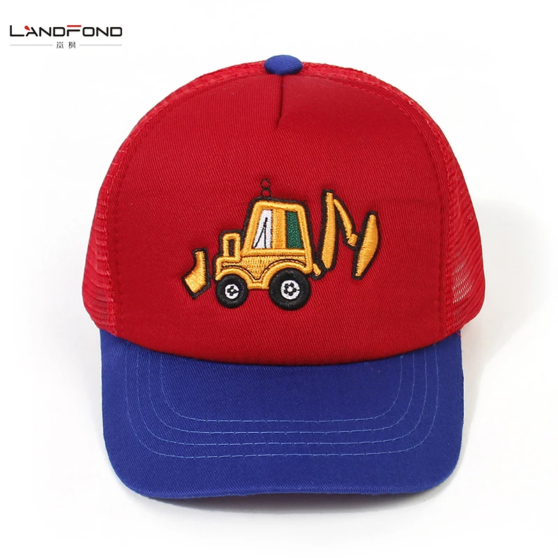 Landfond Outdoor Boys and Girls Trucker Hat Excavator Cartoon Embroidery Pattern Back Mesh Baseball Cap