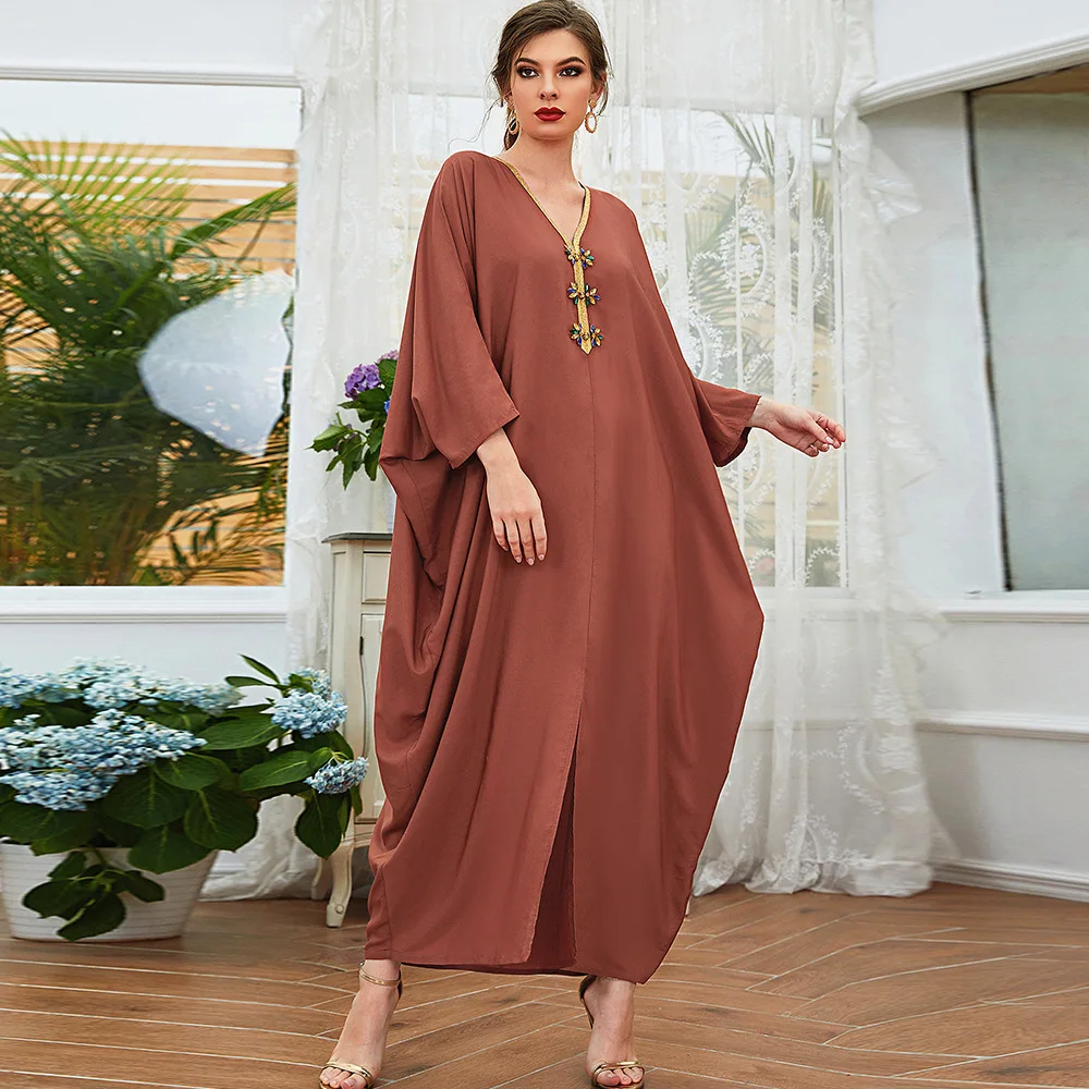 Middle East new Muslim V-neck casual printed breathable loose robe daffah abaya thobes ramadan women elegant Islamic clothing
