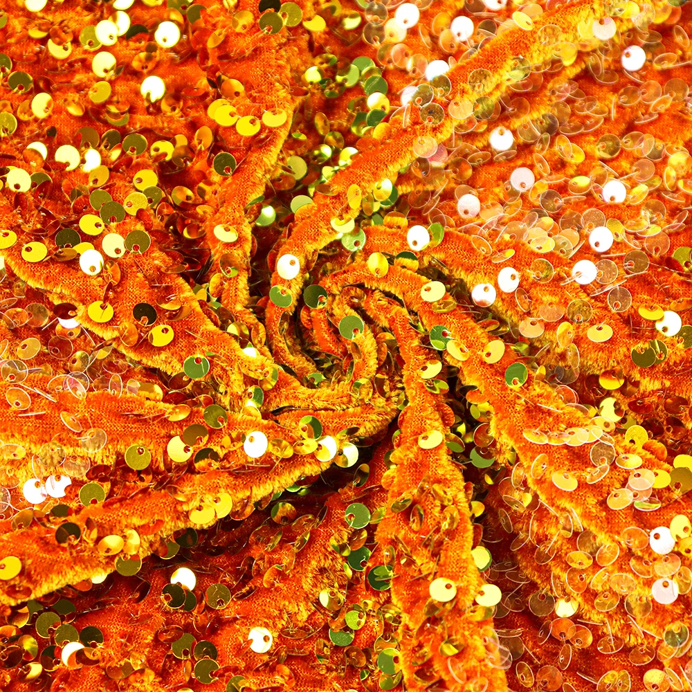 Hot Sale Stock Shiny Orange Glitter Sequin Lace Fabric Stretch Sequin Velvet Fabric For Fashion Dress