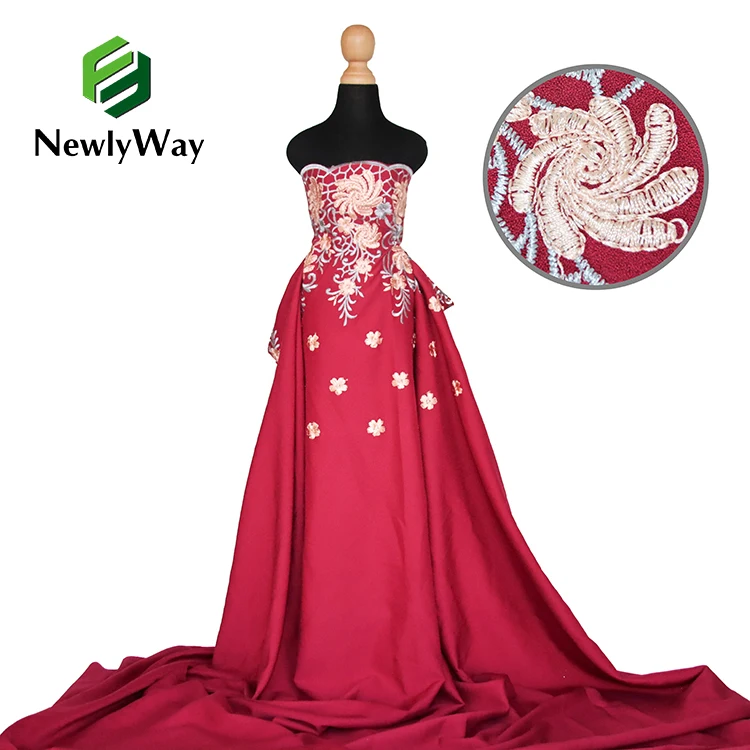 2022 NewlyWay Arabic Satin Embroidery Flower Fabric Brocade Lace Embroidered Fabrics For Wedding Bazin Fabric