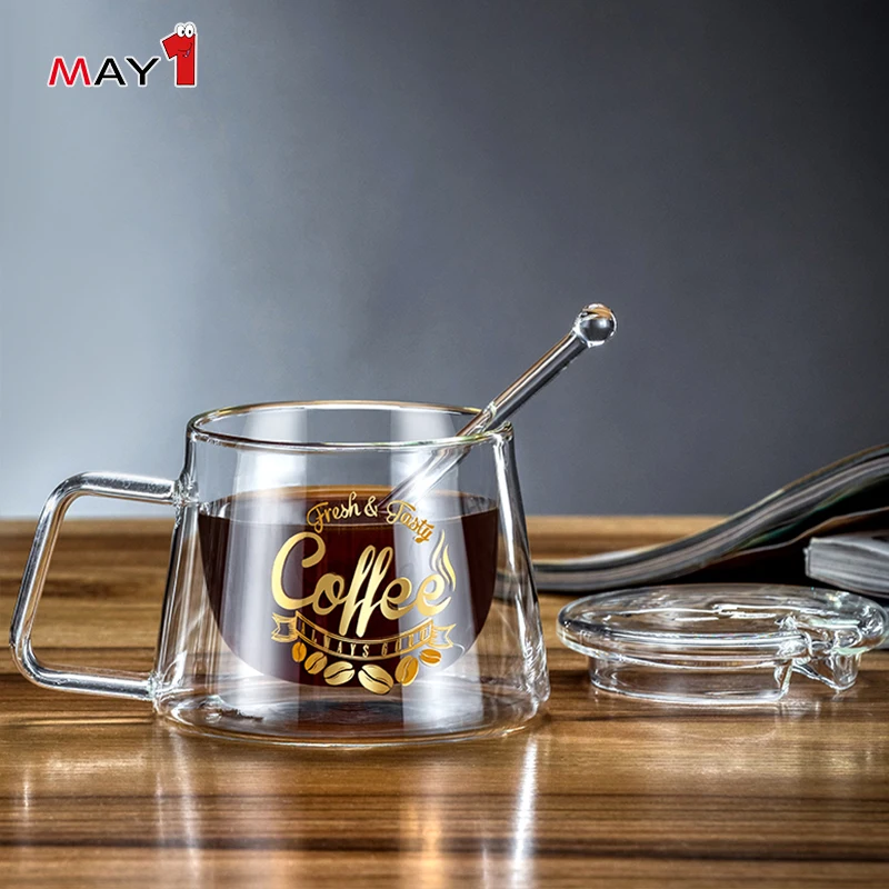 
decal work handmade borosilicate glass double wall espresso coffee cup 