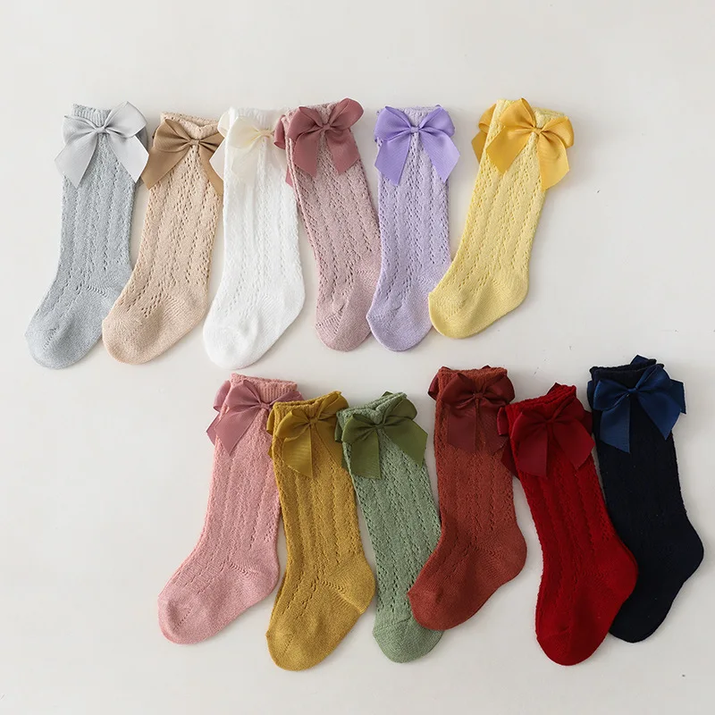 0-7 Years Candy Colors Summer Toddlers Baby Sock Soft Breathable Cotton Hollow Out Kids Girls Knee High Tube Mesh Socks With Bow